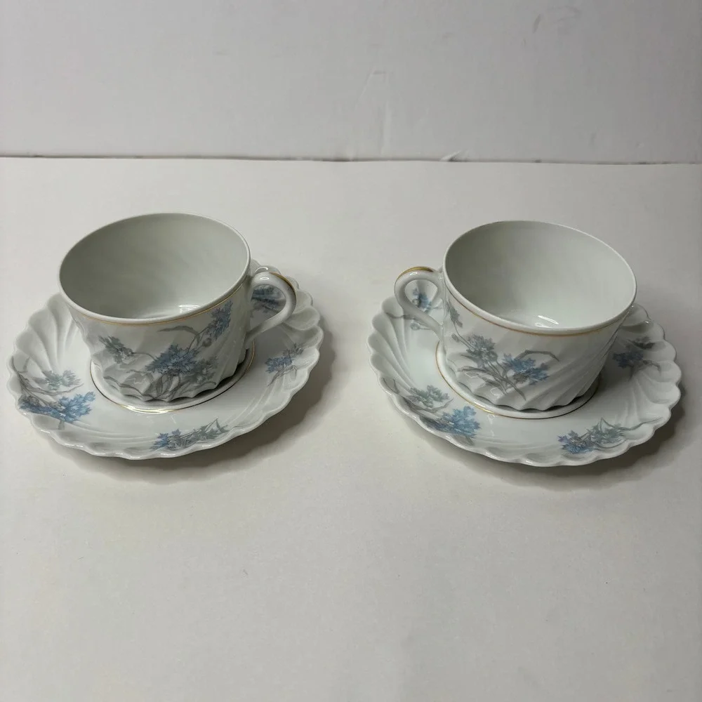 Haviland Limoges Bergere Tea Cup and Saucer Set of 2 Blue Floral France Vintage